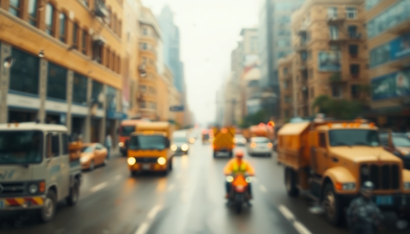 An abstract, impressionistic scene of blurred city streets and construction equipment, conveying the mood and atmosphere of ongoing road work and maintenance in Klamath Falls.