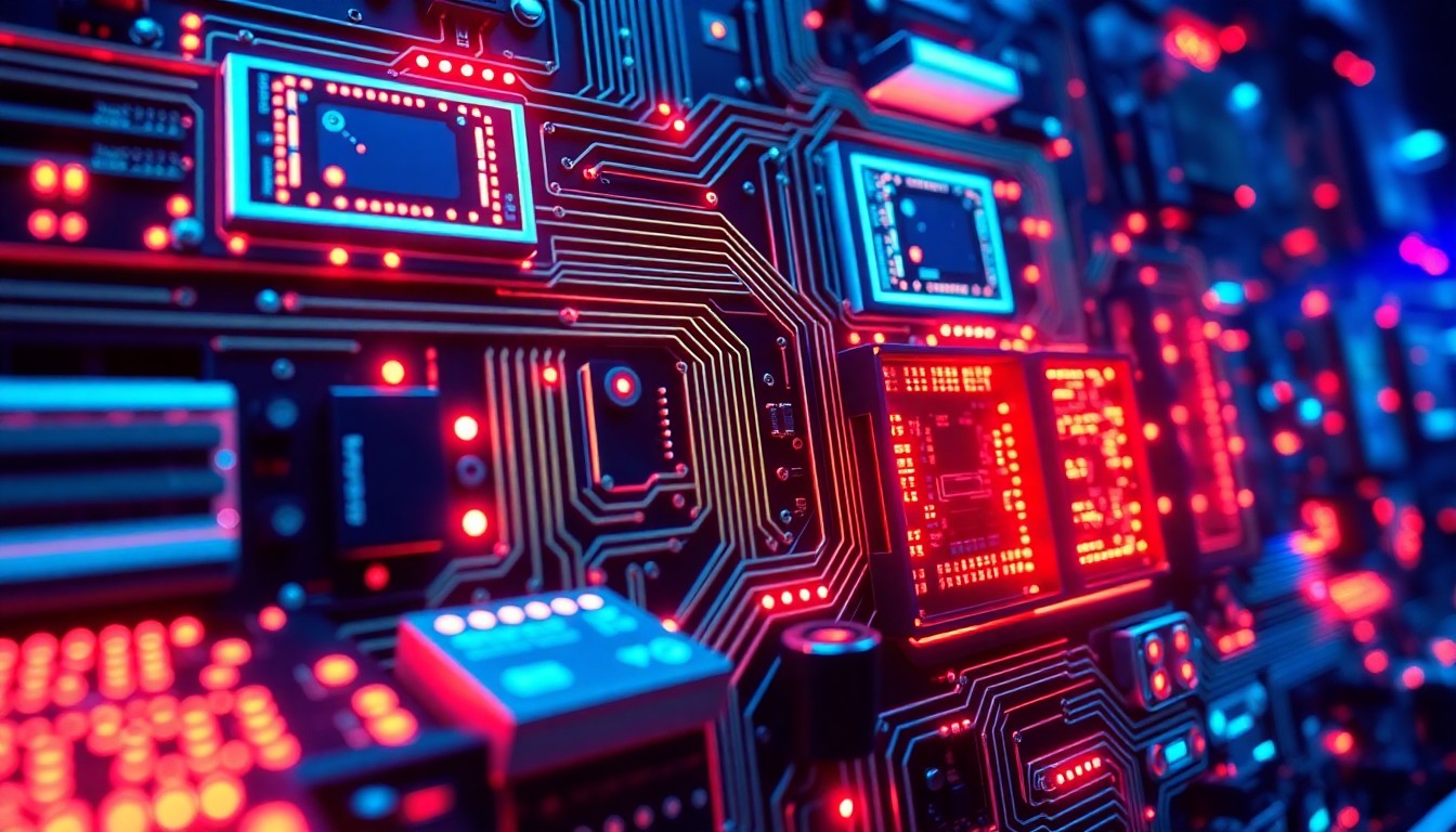 A highly detailed, macro-level 3D illustration of glowing, neon-lit computer hardware and circuit boards, representing the complex, interconnected infrastructure of AI systems. The image conveys a sense of the power and potential of AI technology, but also the fragility and vulnerability of these systems.