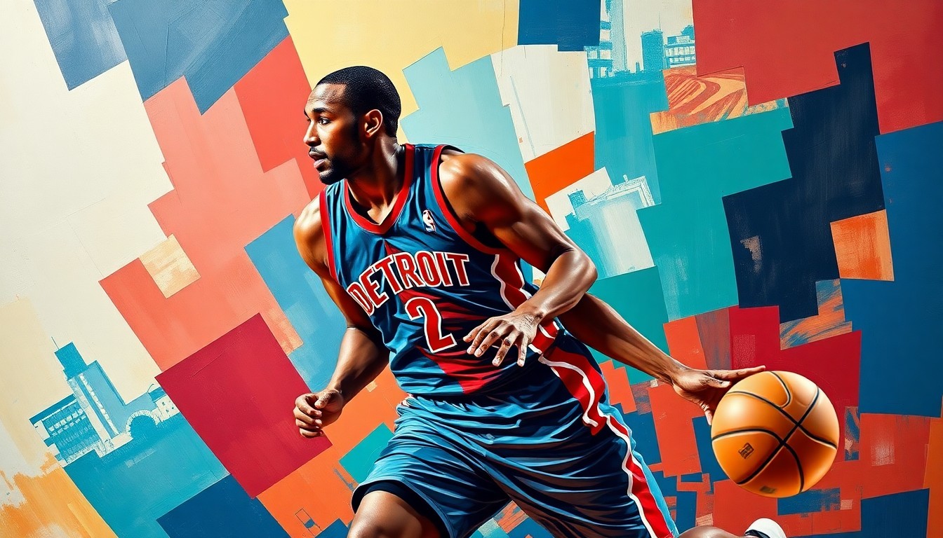 A fractured, cubist-style painting depicting a basketball player in motion, with the player's jersey featuring the Detroit Pistons' colors of teal and red. The image is broken down into sharp, overlapping geometric planes, capturing the dynamic energy of the sport.