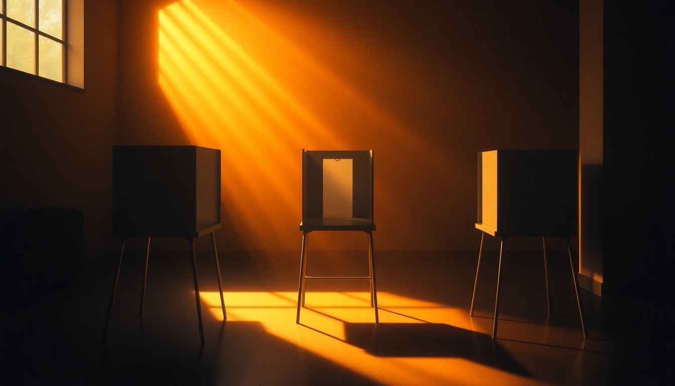 A detailed, photorealistic painting of an empty voting booth set against a plain background, with warm lighting and deep shadows creating a contemplative, cinematic mood that reflects the gravity of the democratic process.