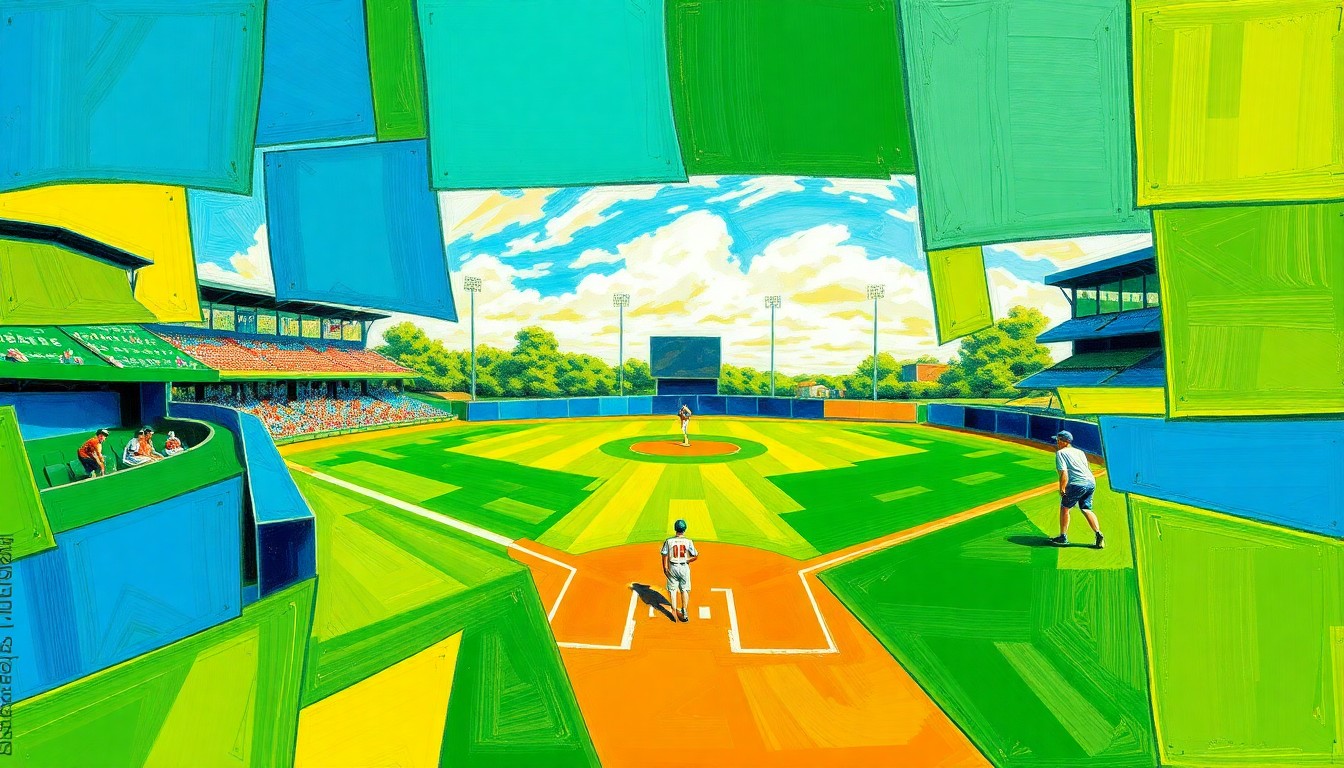 A fragmented, geometric painting depicting the overlapping movements and perspectives of a high school softball game, rendered in bold, vibrant colors.