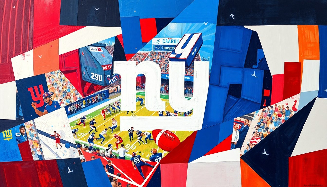 A cubist-style painting depicting a fragmented, geometric interpretation of a football game or NFL draft scene, with sharp, overlapping shapes and planes in the Giants' team colors of blue, red, and white.