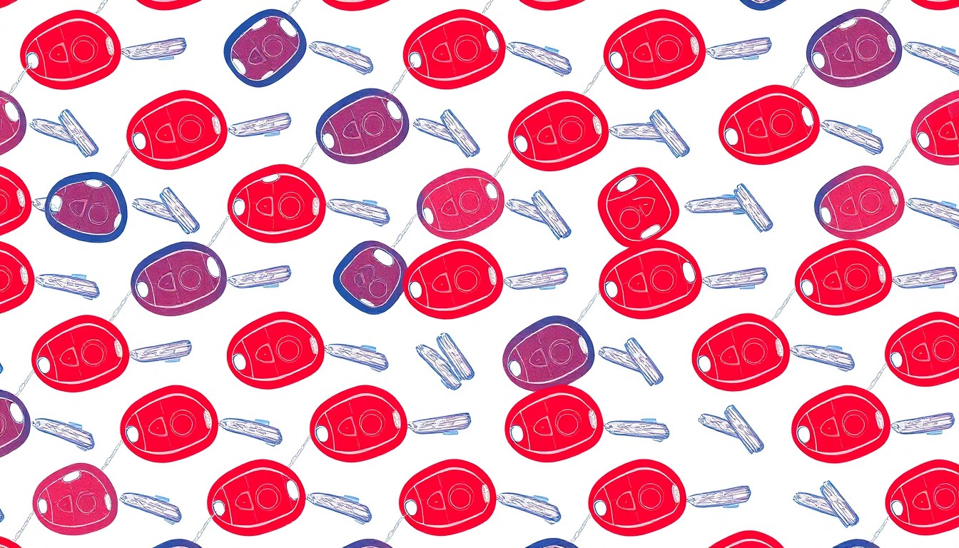 A vibrant, pop art-inspired grid of stylized car keys in shades of blue, green, and orange, conceptually representing the importance of driver's licenses in people's lives.