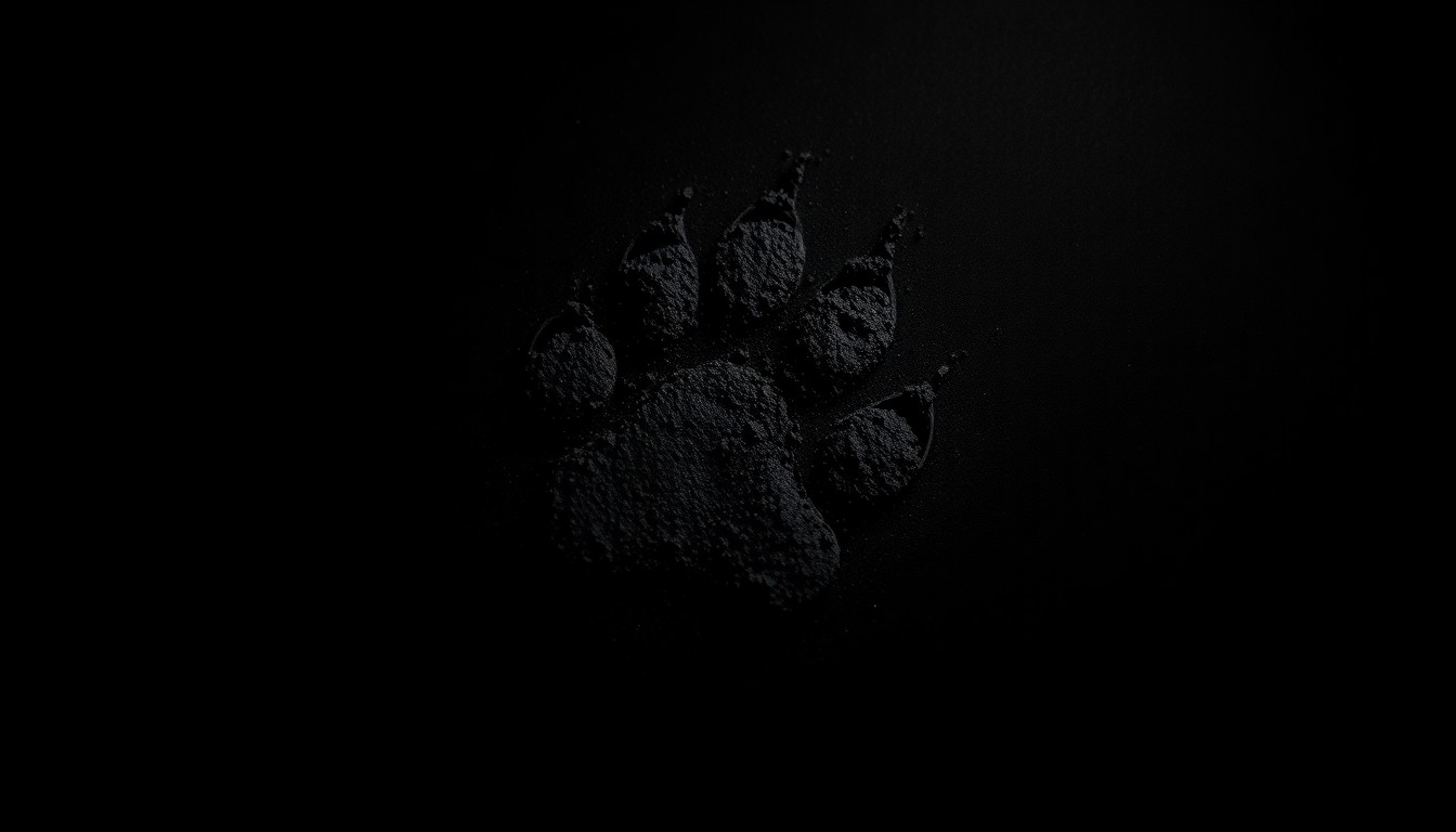 An extreme close-up photograph of a cat's paw print in soot against a pitch-black background, conveying the gritty, investigative nature of the incident through dramatic lighting and texture.