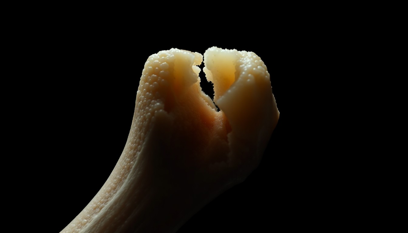 An extreme close-up photograph of a cracked tooth or broken bone, captured with harsh, direct lighting against a pitch-black background to create a stark, gritty, investigative aesthetic.
