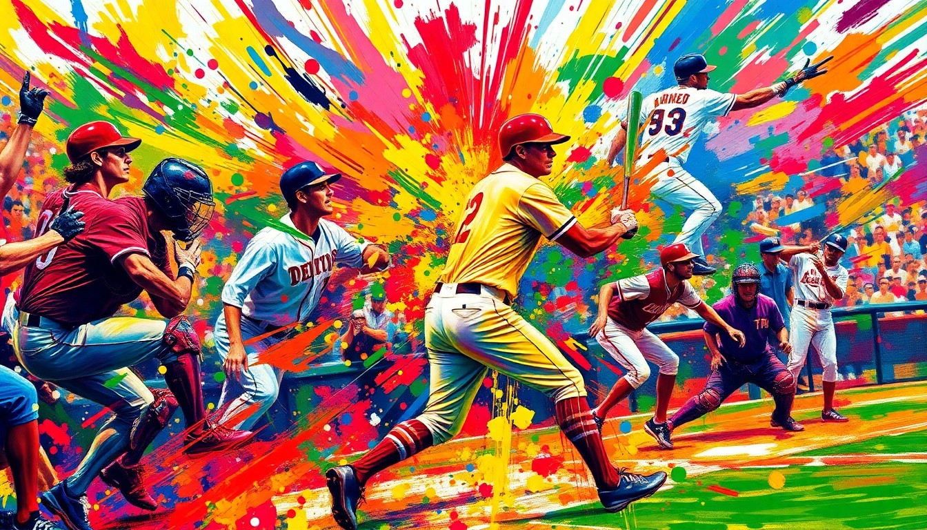 An abstract, expressionist painting featuring vibrant brushstrokes of neon colors, capturing the raw energy and movement of a baseball game in a stylized, non-literal way.