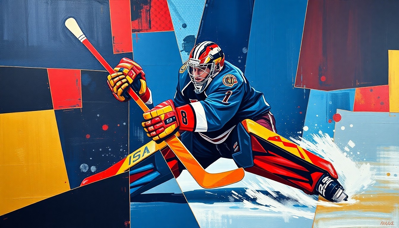 A fragmented, geometric painting depicting a hockey goaltender making a save, with sharp planes of navy, crimson, and gold colors overlapping to create a dynamic, abstract composition.