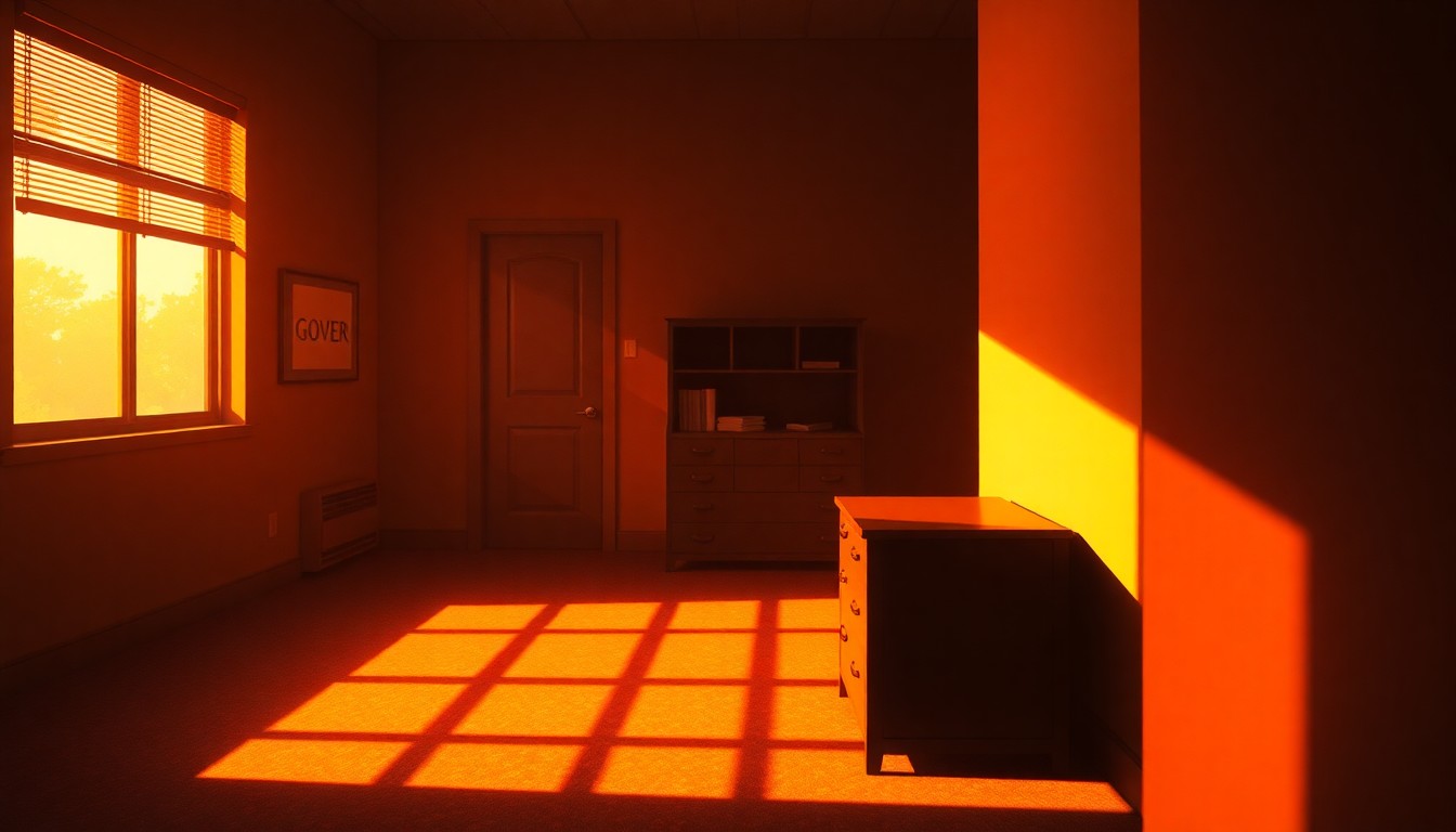 A dimly lit, cinematic painting of a government office desk or filing cabinet, with warm sunlight streaming in through a window and casting deep shadows across the scene, conveying a sense of unease and uncertainty about the DOJ's handling of voter data.