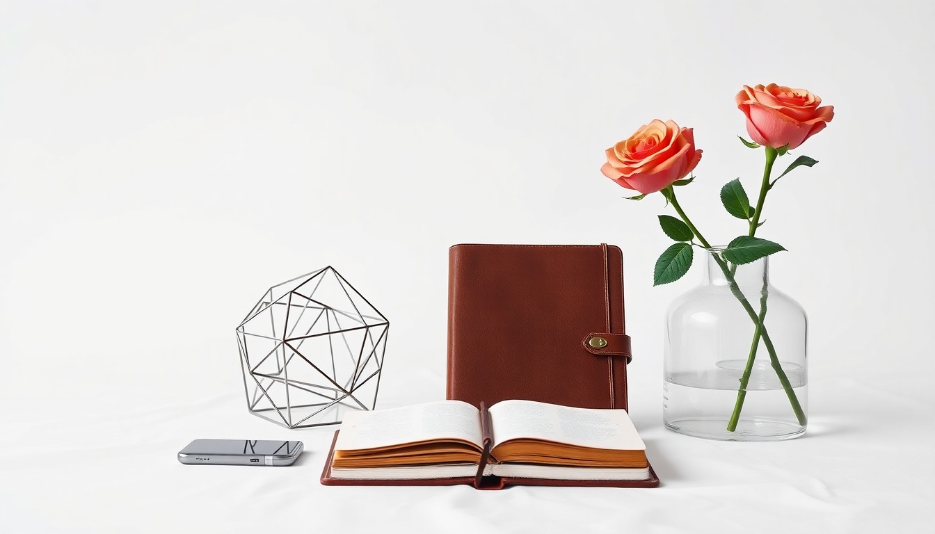 A photorealistic studio still life featuring a polished desk organizer, a leather-bound journal, and a single rose in a glass vase, arranged elegantly on a clean, white background to represent the themes of professional growth, work-life balance, and the power of connection.