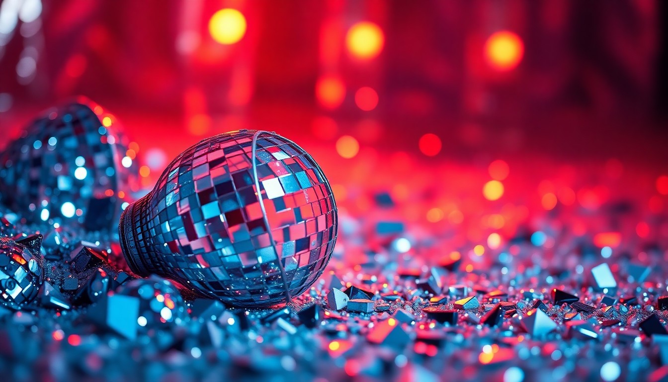 An abstract close-up photograph featuring a textured surface of glittering sequins and shattered glass, conveying the luxurious and vibrant atmosphere of a high-profile Derby Eve party.