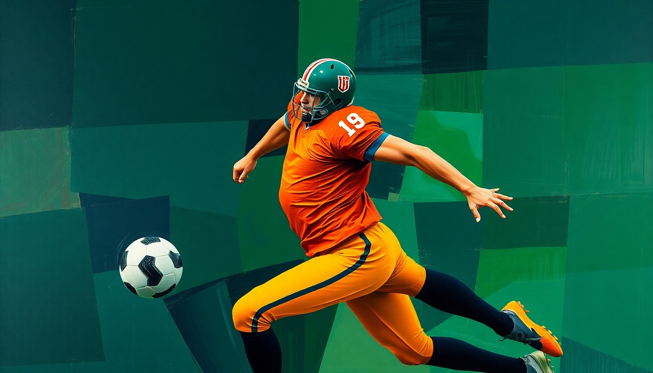 A fragmented, cubist-style painting depicting a football player in mid-motion, broken down into sharp, overlapping geometric shapes in a palette of navy, green, and orange, conceptually representing the multi-faceted recruiting process.