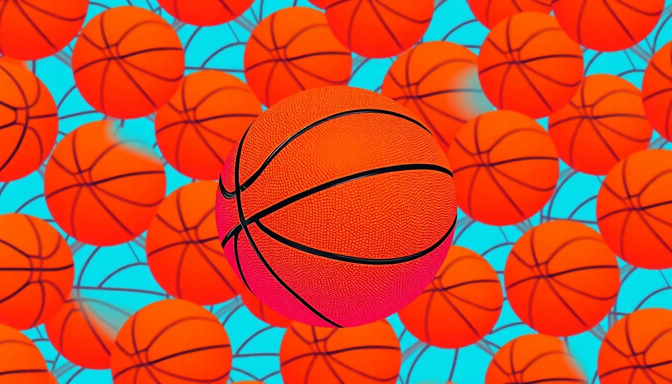 A bold, colorful silkscreen-style illustration featuring a basketball repeated in a grid pattern with overlapping neon orange, pink, and blue hues and thick black outlines, conceptually representing the joy and energy of a community sports initiative.