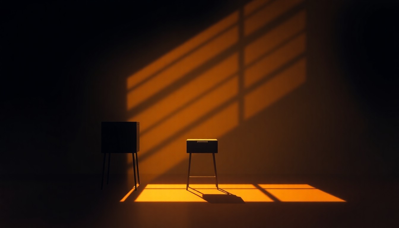 A serene, cinematic painting depicting a solitary ballot box or voting booth set against a backdrop of warm, diagonal sunlight and deep shadows, conveying the quiet importance of the democratic process.