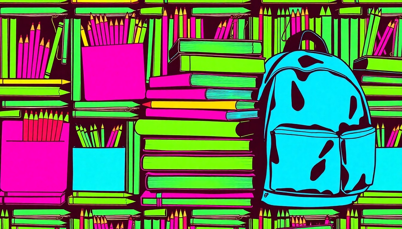 A vibrant, high-contrast silkscreen print of school supplies like pencils, notebooks, and a backpack, repeated in a grid pattern with bold, neon colors and heavy black outlines, conceptually representing the accessibility and community focus of Midland ISD's enrollment process.