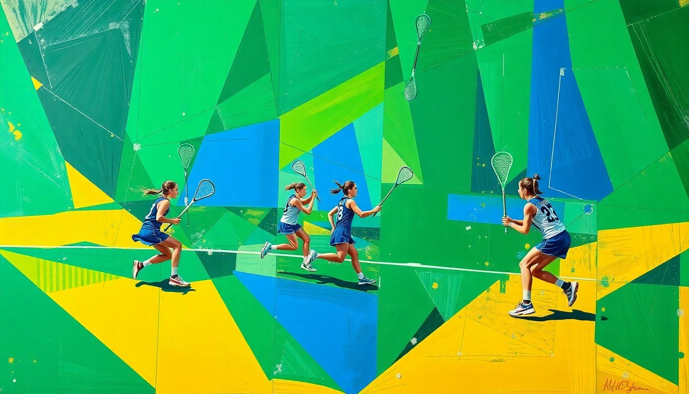 A fragmented, geometric painting in bold colors depicting the action and motion of a girls lacrosse game, with players and the ball broken down into overlapping angular shapes.