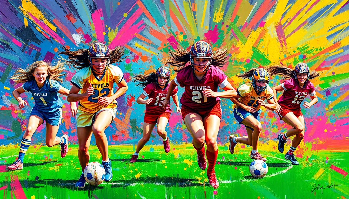 An abstract, energetic painting in neon colors depicting the motion and action of a girls flag football game, with players' forms blurred into vibrant brushstrokes.