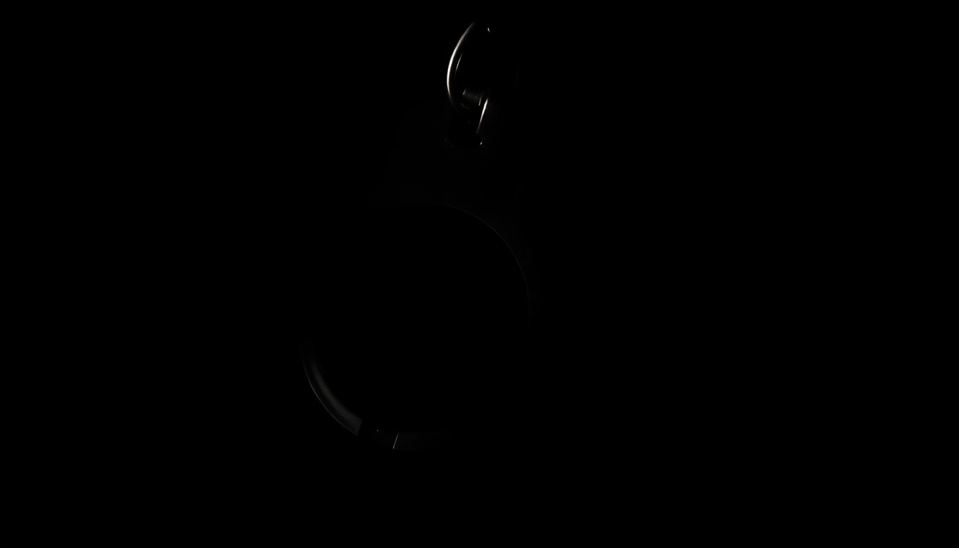 An extreme close-up photograph of a police badge or handcuffs, lit by a harsh, direct camera flash against a pitch-black background, conveying a stark, gritty, investigative mood without words.