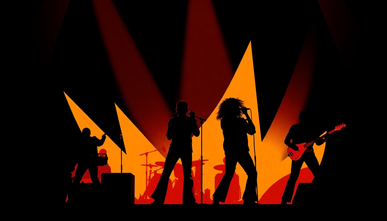 A striking abstract composition of jagged, geometric shapes in warm, fiery hues, conceptually representing the iconic silhouettes of the members of Earth, Wind & Fire performing on stage.