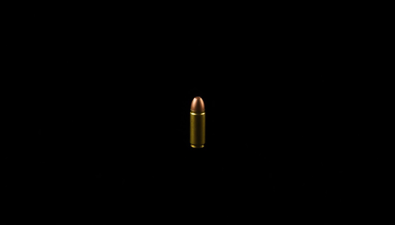 An extreme close-up photograph of a single bullet casing against a pitch-black background, the harsh lighting and stark contrast creating a gritty, investigative aesthetic that conceptually represents the complex forensic evidence in the Charlie Kirk murder case.