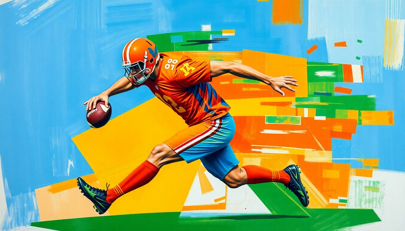 A cubist-style painting depicting a football player in motion, with their body broken down into sharp, overlapping geometric shapes in vibrant colors of orange, blue, and green.