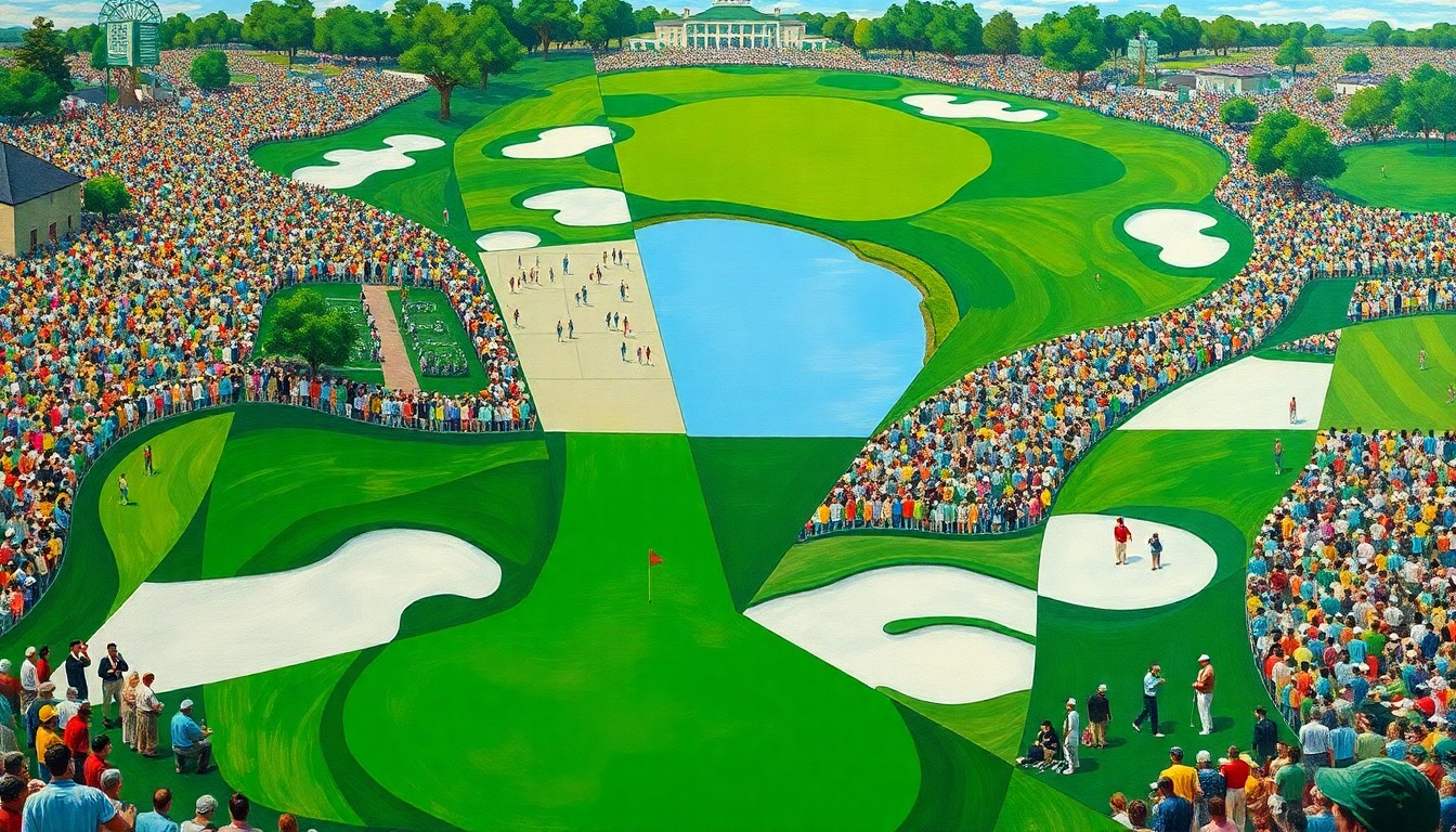 A cubist, geometric painting depicting the Masters golf tournament, with overlapping planes of green fairways, white bunkers, and colorful spectator crowds, capturing the energy and atmosphere of the event.