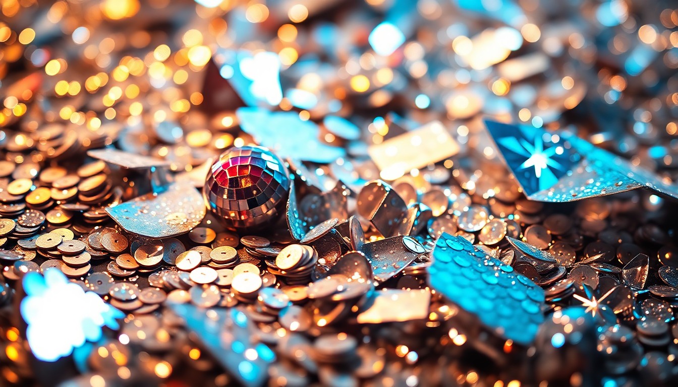 An abstract close-up photograph of shimmering sequins and shattered glass, bathed in dramatic, high-contrast studio lighting to create a glamorous, high-fashion aesthetic.