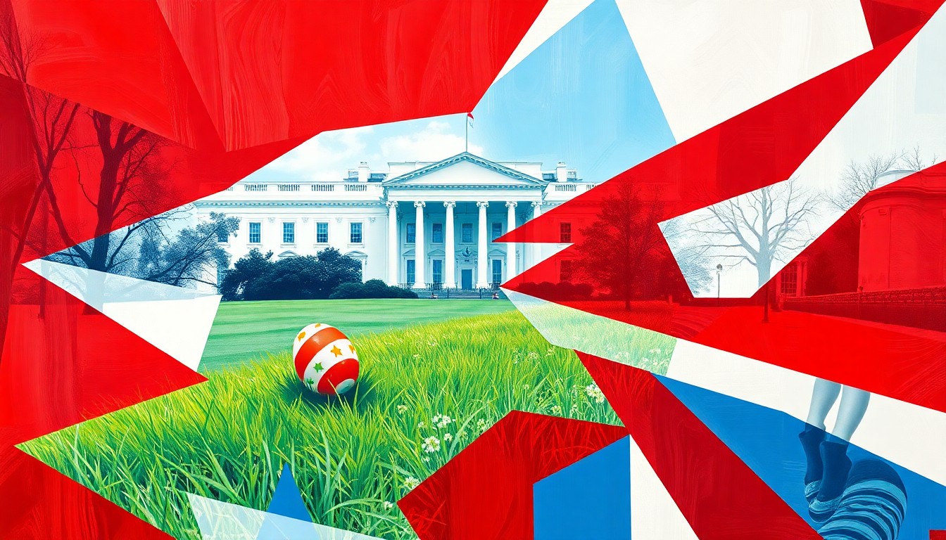 A vibrant, fractured painting in red, white, and blue showing an Easter egg rolling down a grassy slope in front of the White House, capturing the juxtaposition of a family-friendly event and the president's threats of war.