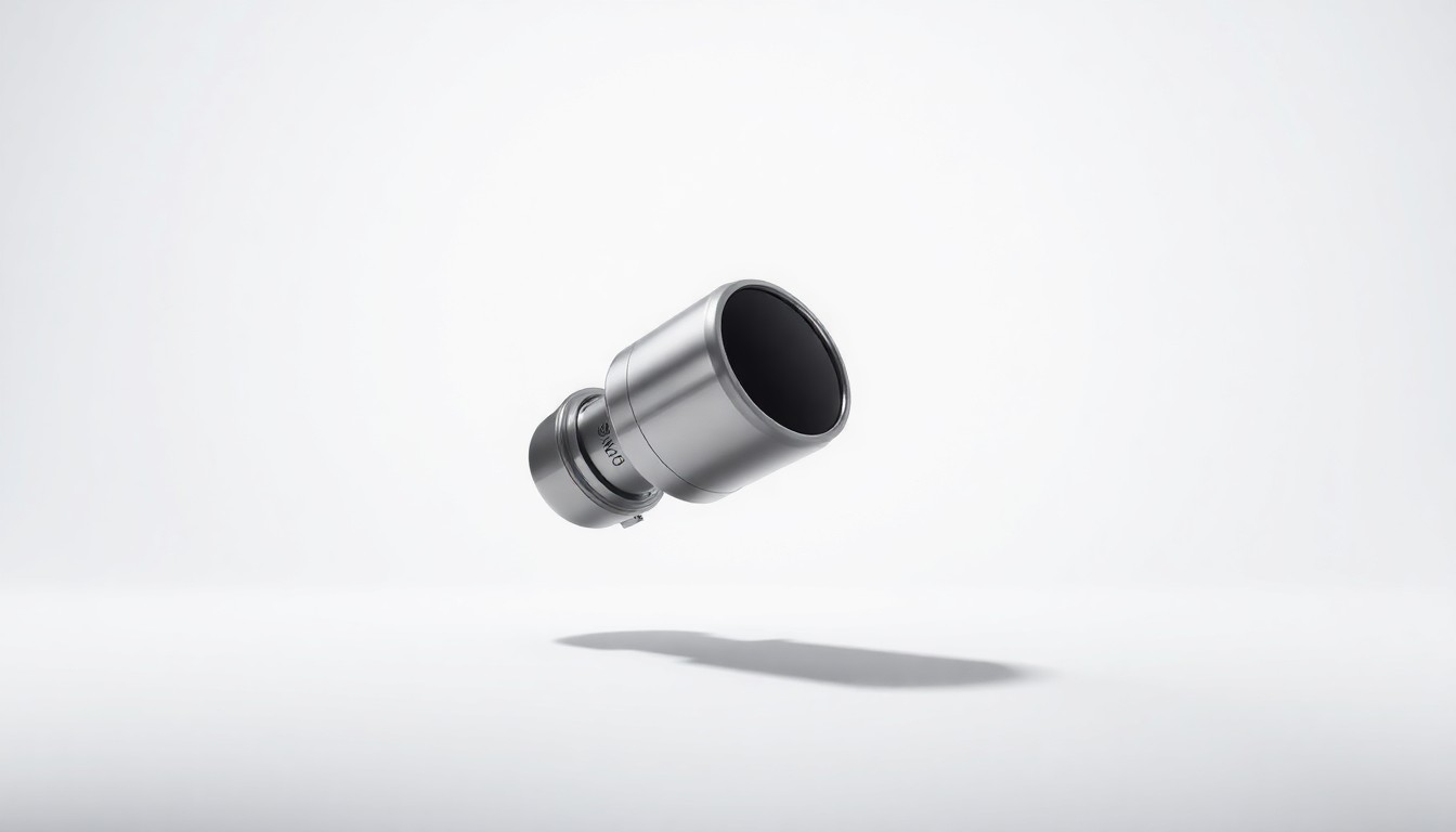 A photorealistic studio still-life image featuring a metallic aerospace component or instrument floating on a clean, monochromatic background, lit dramatically with sharp shadows to represent the precision and innovation of Astronics' technology.