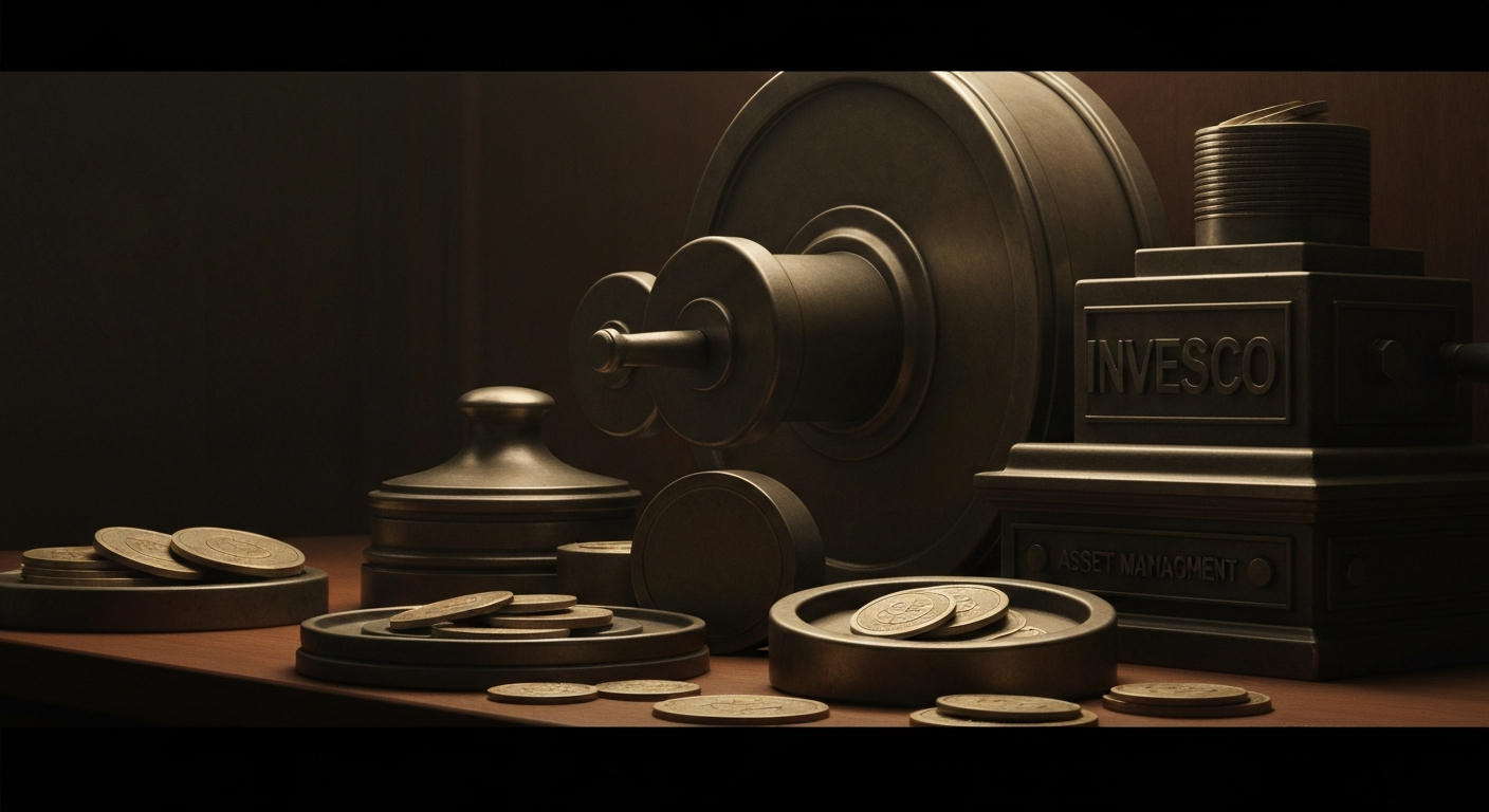 An extreme close-up of intricate, metallic banking machinery and equipment, conveying the tangible power and security of Invesco's asset management operations.