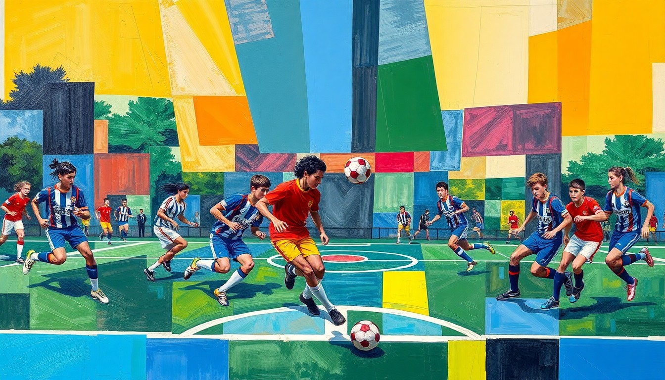 A cubist-style painting depicting a high school soccer match broken down into overlapping geometric shapes and planes of color, representing the dynamic action and competition of the sport.