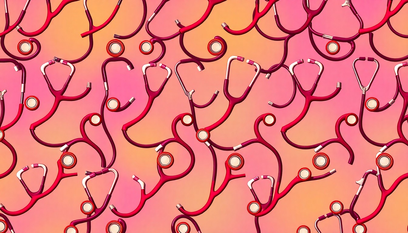 A bold, colorful silkscreen-style illustration featuring a repeating pattern of a veterinary stethoscope in vibrant neon shades, conceptually representing the range of medical tools and expertise on the TVMA's new leadership team.