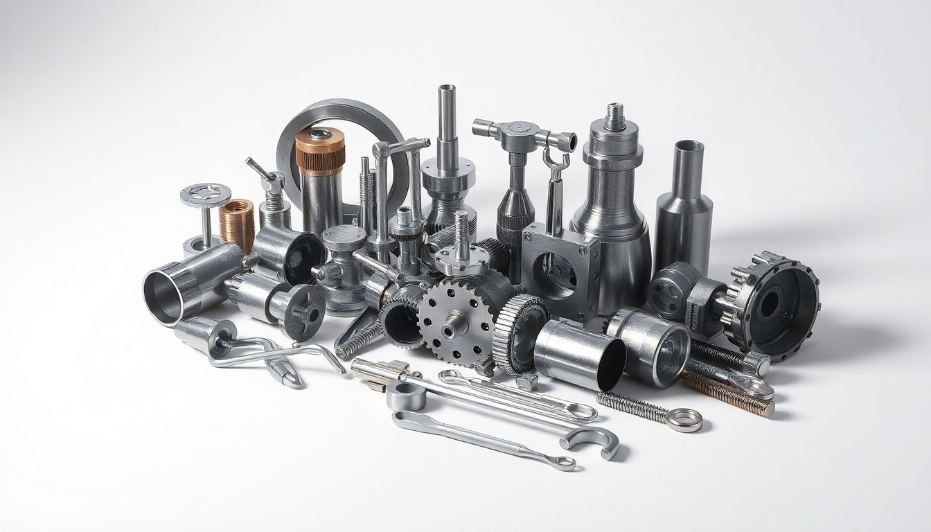 A photorealistic studio still life featuring a collection of metallic machine parts and tools arranged elegantly on a clean, monochromatic background, conceptually representing the industrial accident at the McCormick plant.