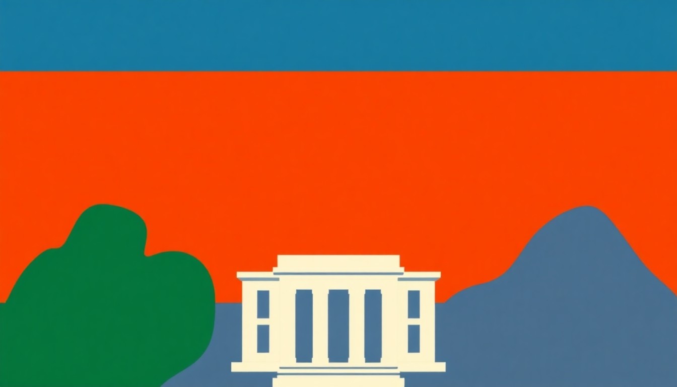 A geometric abstract illustration featuring overlapping triangles and circles in shades of red, blue, and yellow, conceptually representing the complex economic forces the Federal Reserve must navigate.