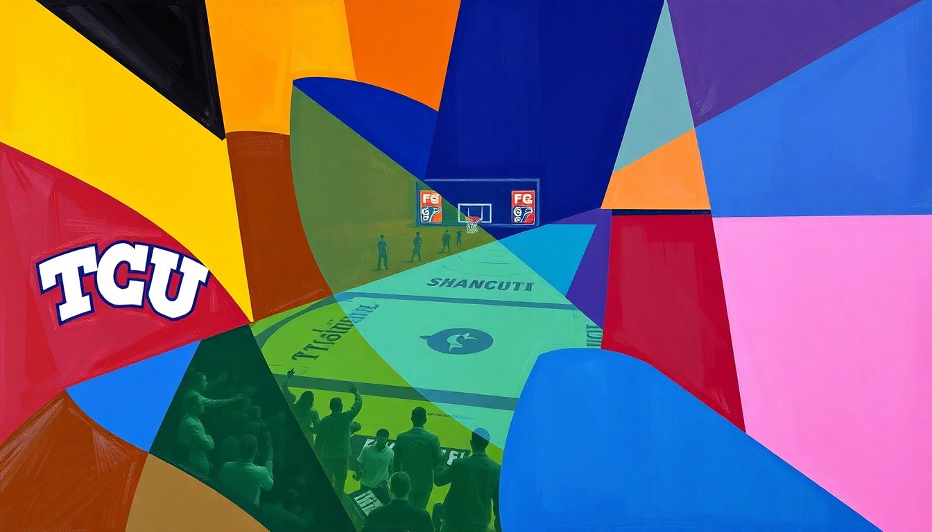 A cubist, geometric painting depicting a fragmented, multi-angled view of a college basketball game, using the official team colors of TCU and Duncanville High School to conceptually represent the loss of a top recruit.