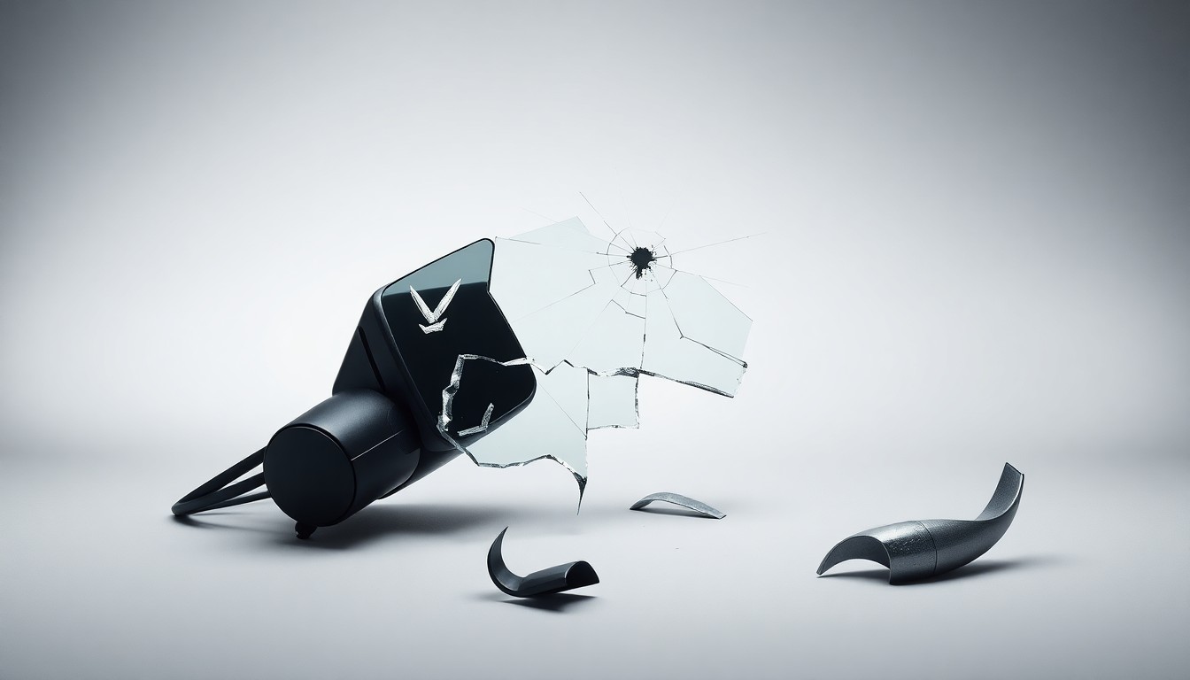 An abstract studio still life featuring shattered car parts arranged elegantly on a clean grey background, conveying the human toll of a commercial vehicle accident through minimalist, high-contrast imagery.
