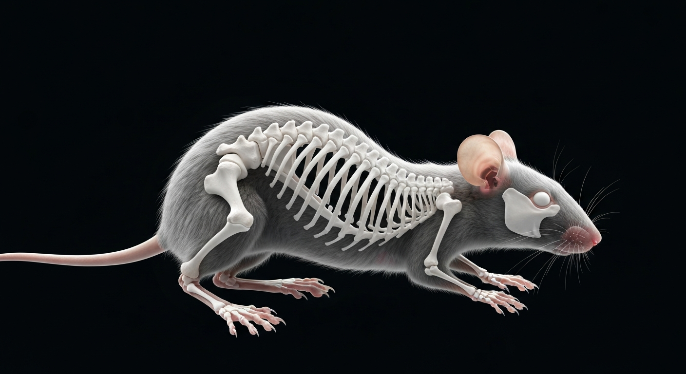 A highly detailed, translucent X-ray photograph showing the skeletal structure of a mouse, with the creature's bones and organs visible as glowing lines against a dark background, conveying the unseen health hazards that can be present in food service establishments.