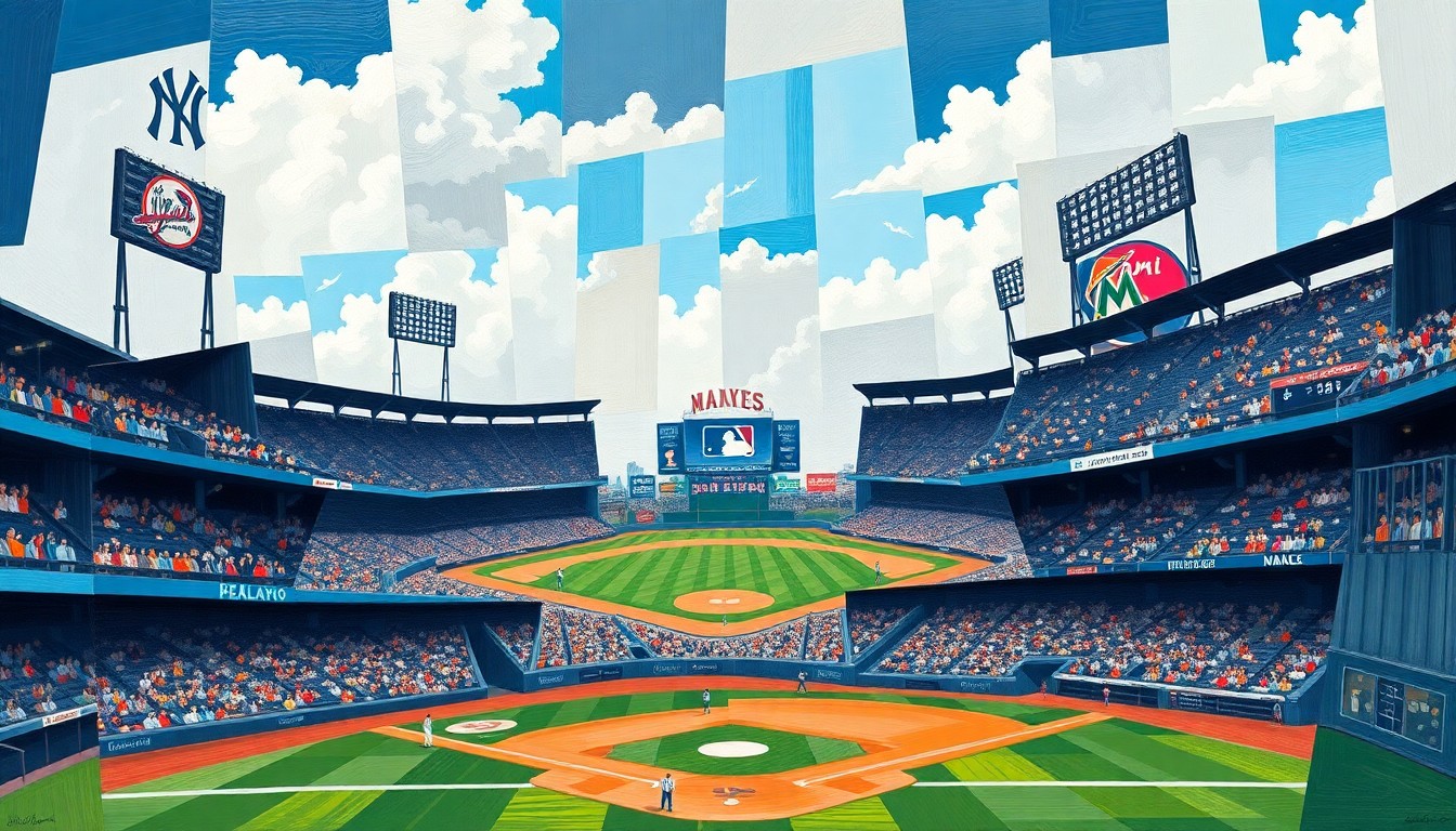A fragmented, geometric painting depicting a baseball game, with overlapping planes of color and shape representing the tension and uncertainty surrounding the Yankees' relief pitchers.