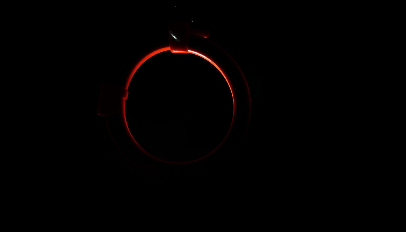 An extreme close-up of a child's toy handcuff against a pitch-black background, lit by a harsh, direct camera flash, conveying the serious and gritty nature of this crime.