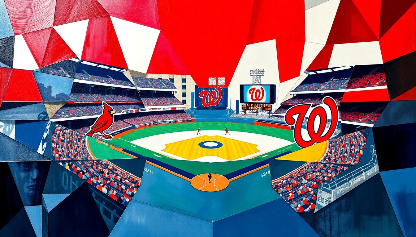A fractured, geometric painting in bold primary colors depicting overlapping perspectives of a baseball game, conveying the dynamic action and tactical nature of the sport.