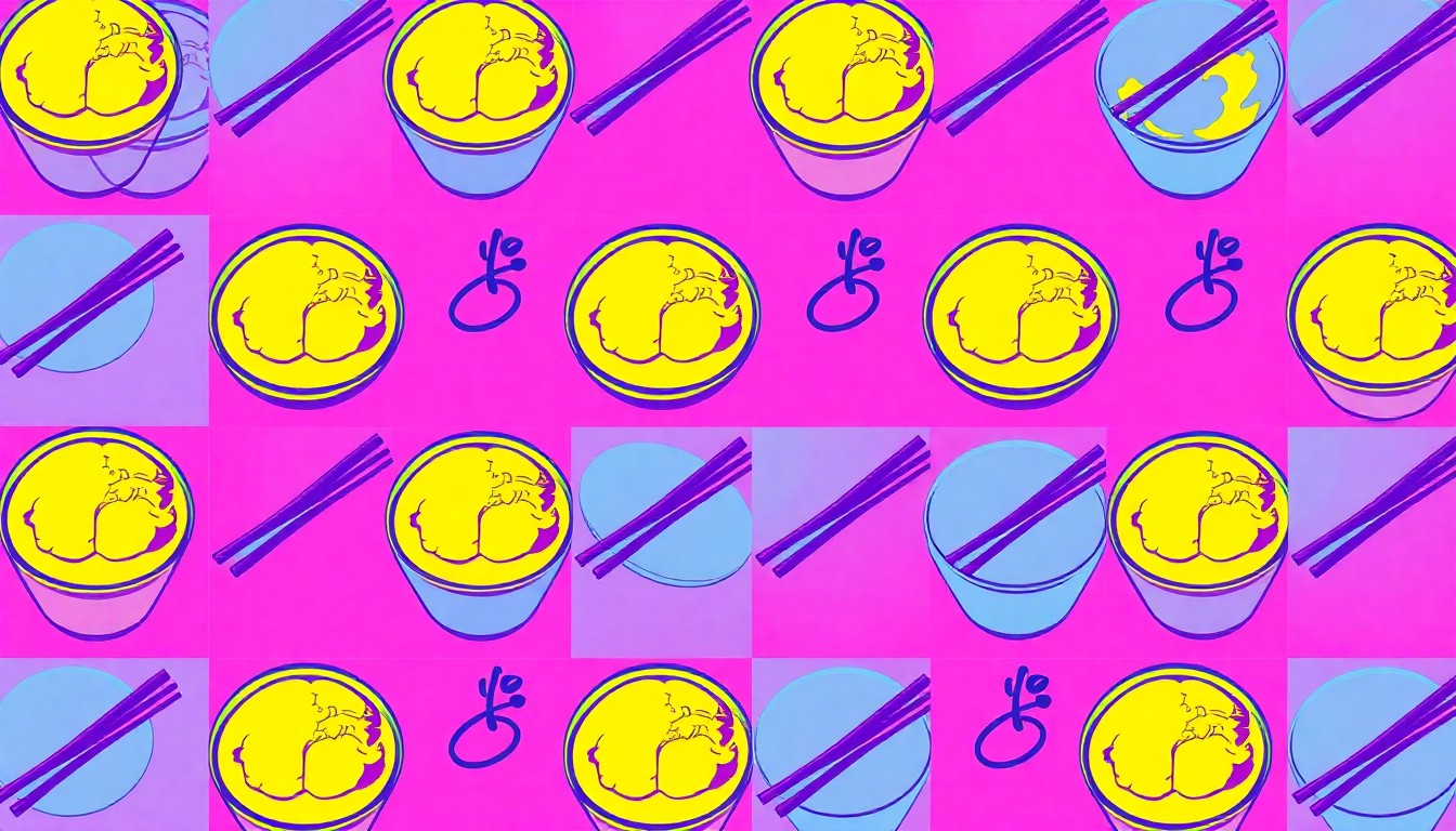 A vibrant, high-contrast silkscreen print of a Japanese dining object like a sushi plate or sake glass repeated in a grid pattern, capturing the modern, pop art aesthetic of JINYA's new flagship restaurant.