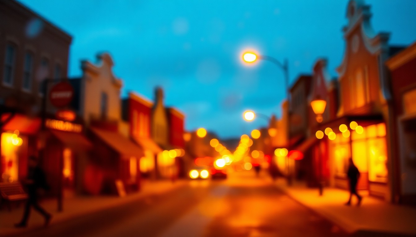 An abstract, impressionistic scene of a small-town main street, with blurred storefronts, street lamps, and pedestrians visible through a hazy, rain-streaked lens, conveying the warm, community-focused atmosphere of the local classifieds.