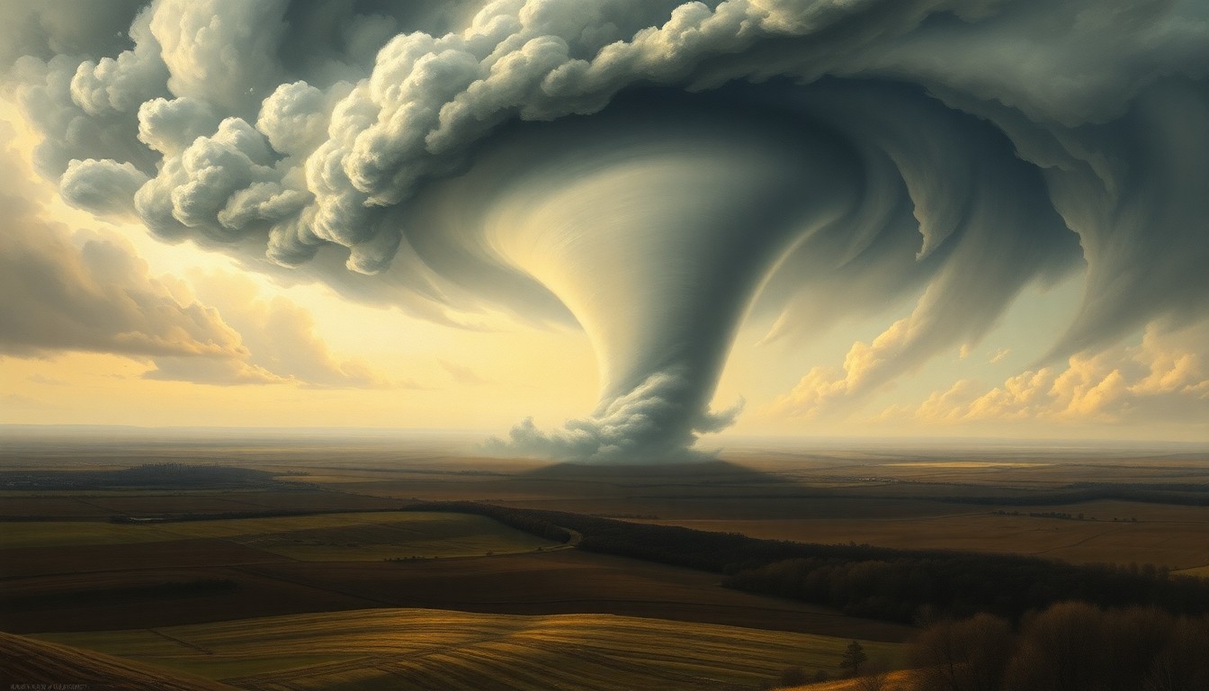 A sweeping, atmospheric landscape painting depicting a massive tornado dominating the horizon, with dramatic lighting and deep perspective conveying the raw power of the storm.