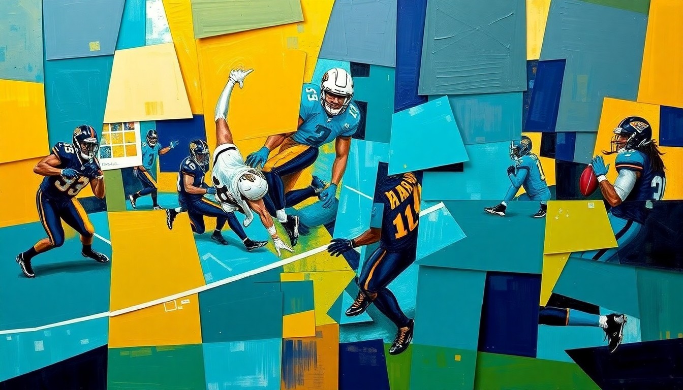 A cubist, geometric painting depicting a fragmented football field and players, with sharp, overlapping planes of teal, gold, and navy blue representing the Jaguars' team colors and the team's focus on versatility and innovation.