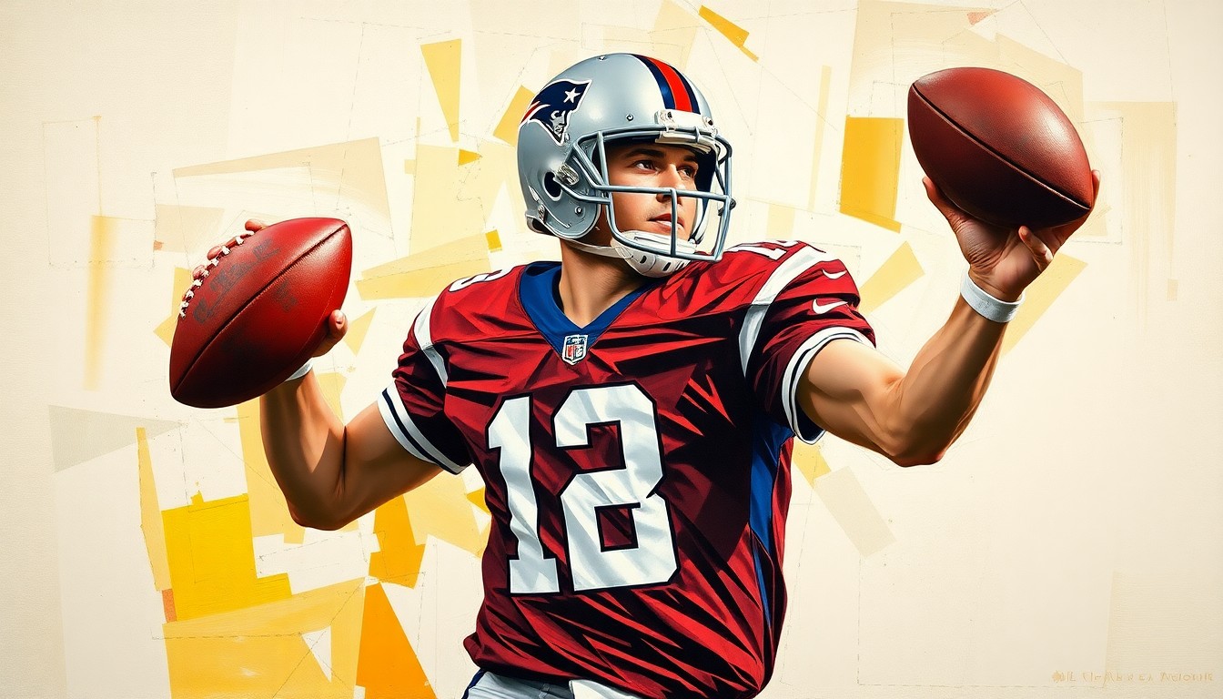 A fractured, cubist-style painting depicting the dynamic motion of a football quarterback's throwing motion, with sharp geometric planes and an obscured face, conveying the raw energy and potential of the player.