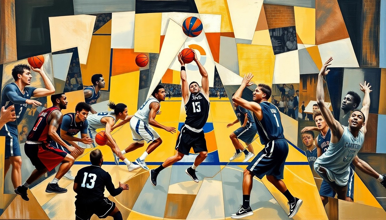 A fractured, multi-perspective painting in a cubist style, depicting the movements and energy of a college basketball game between Duke and UNC. The players and the court are broken down into sharp, overlapping geometric planes, creating a dynamic and abstract representation of the rivalry.