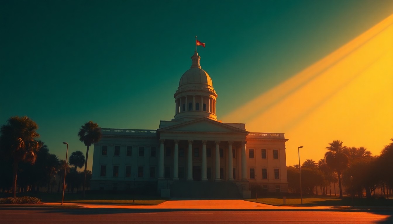 A serene, cinematic painting of the Florida state capitol building, its facade bathed in warm, golden light and deep shadows, capturing the quiet contemplation of the political process surrounding property tax reform.