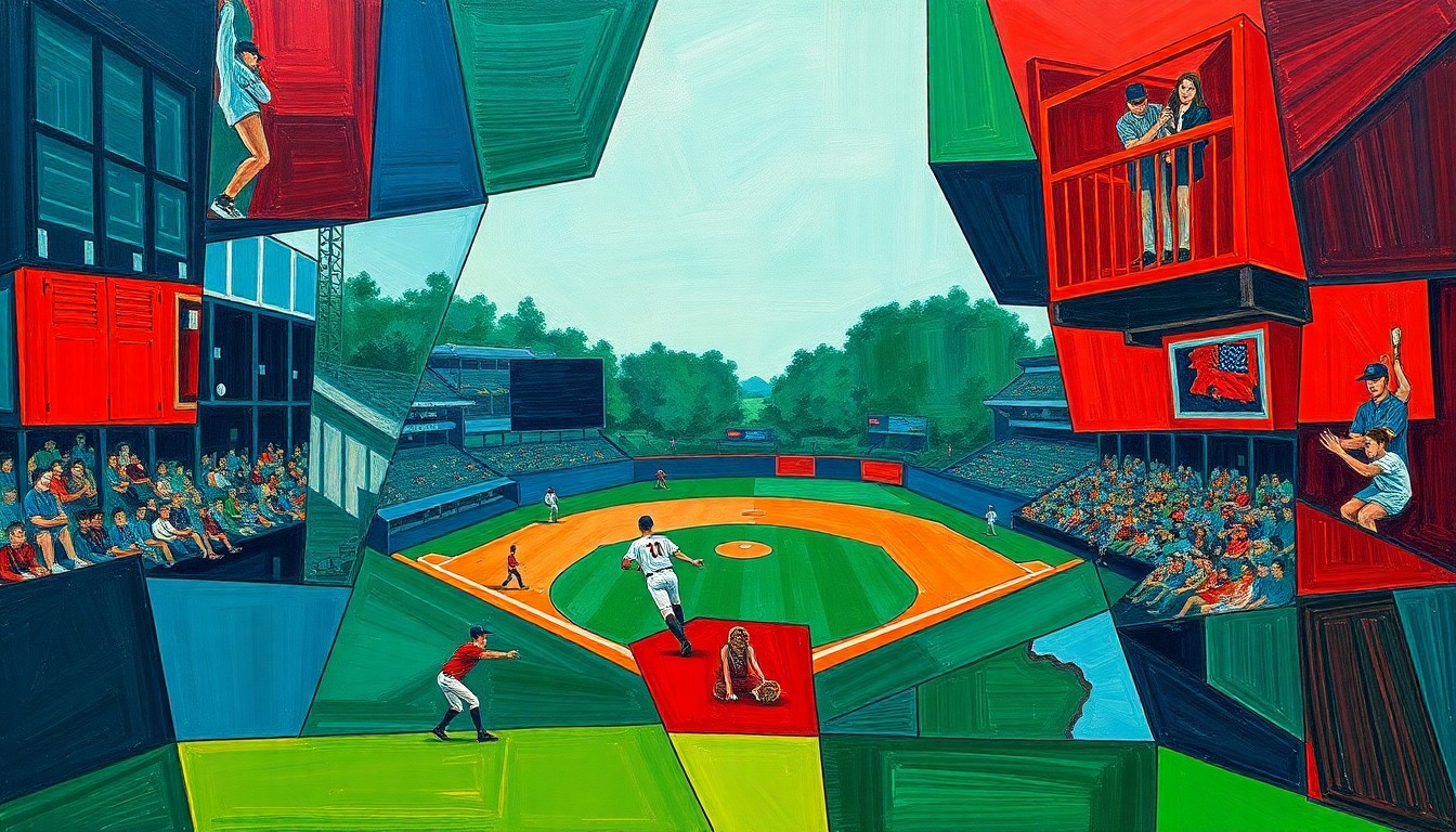 A cubist-style painting depicting a high school baseball game broken down into sharp, overlapping geometric shapes and planes in a palette of navy, green, and red, capturing the dynamic energy and competitive nature of the sport.
