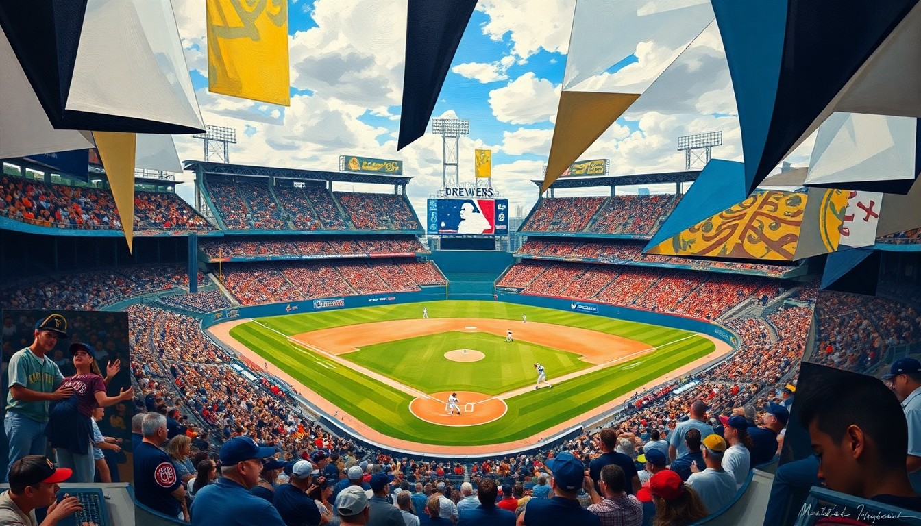 A cubist-style painting depicting a baseball game between the Milwaukee Brewers and Boston Red Sox, with the players and field broken down into overlapping geometric shapes and planes in a vibrant color palette.