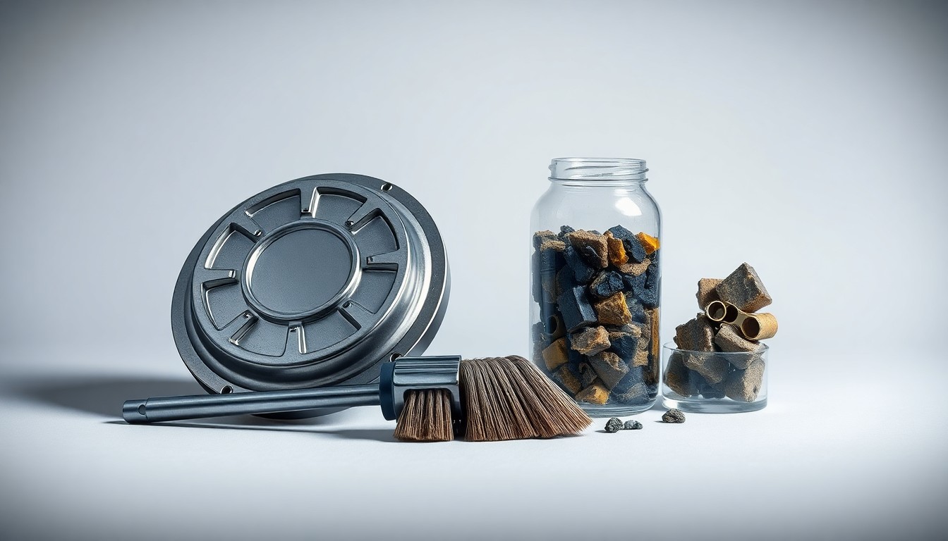 A high-end, photorealistic studio still-life photograph featuring a polished metal grease trap cover, a stainless steel industrial cleaning brush, and a glass jar filled with a sample of industrial waste, conceptually representing the company's waste management and industrial cleaning services.