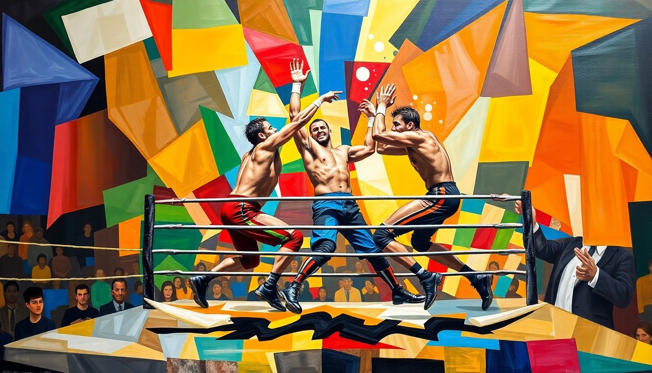 A fragmented, geometric painting in bold colors depicting the dynamic movements and clashing energies of a six-man tag team wrestling match.